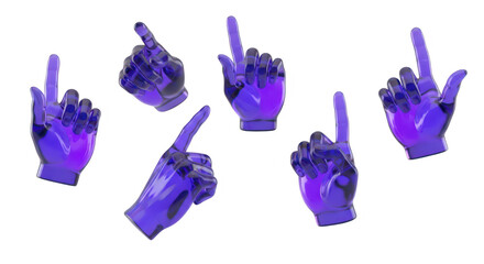 Transparent purple pointing glass hand gestures against white representing selection choices or online interaction