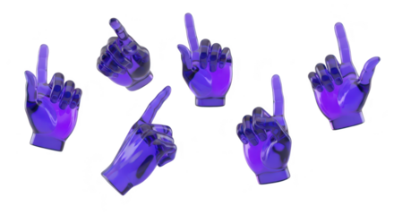 Transparent purple pointing glass hand gestures against white representing selection choices or online interaction