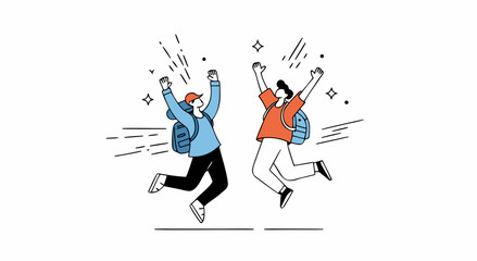 Two joyful people jumping with raised arms and backpacks expressing celebration and success