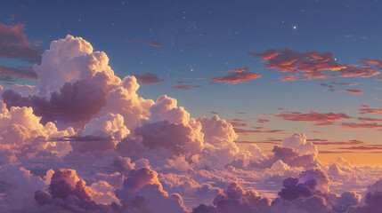 Sky full of glowing cotton clouds, smooth gradients, peaceful digital dreamscape