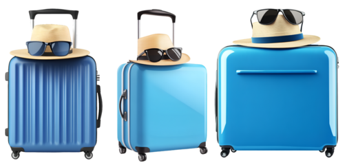 Set of funny vacation travel concept with luggage suitcases and emoji faces wearing hats ready for holiday trip
