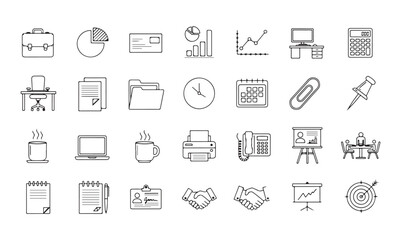 Collection of business and office icons in outline style vector