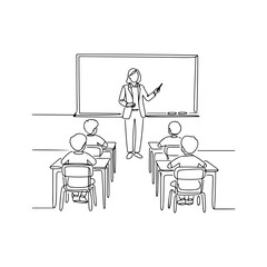 Minimal Line Art of Classroom with Teacher Explaining to Students, Vector modern illustration, Graphic Design