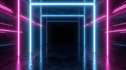 Neon light tunnel, geometric corridor, studio backdrop, abstract digital art, futuristic environment, centered perspective, immersive concept - Powered by Adobe