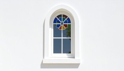 Architectural Detail Of A Simple White Building With A Colorful Stained Glass Window