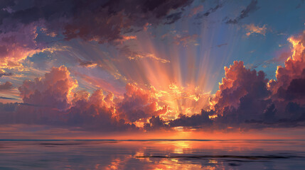 Sunset breaking through vibrant cloud sea, fantasy light effects, calm horizon