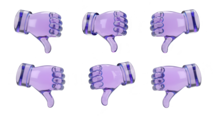 Six 3D rendered purple thumbs down isolated on white symbolizing disapproval for use in web design marketing or UI/UX concepts