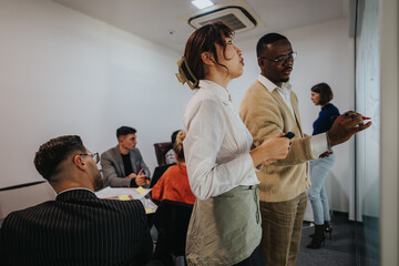 A multicultural group of business employees collaborate in a modern office, analyzing and...
