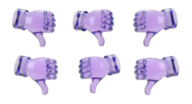 Six 3D rendered purple thumbs down isolated on white symbolizing disapproval for use in web design marketing or UI/UX concepts