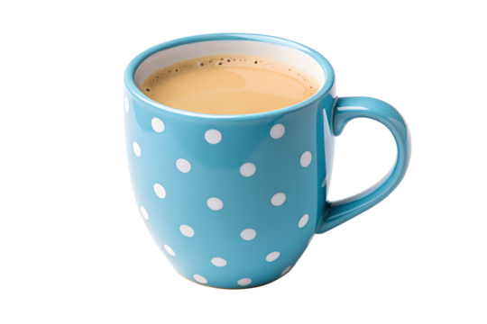 A delightful blue ceramic coffee mug with white polka dots, filled with a warm creamy beverage, isolated on a plain white background.