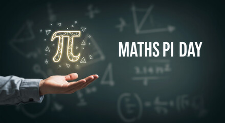 Math Pi Day: A creative rendering presents the mathematical symbol π in a radiant glow above the opened palm of a person with a background featuring formula, celebrating Maths Pi Day.