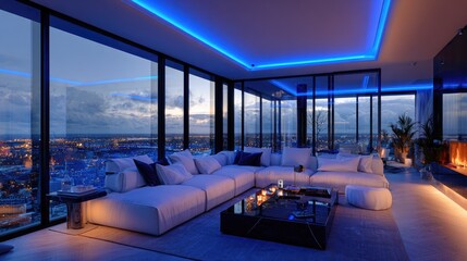 Modern penthouse living room with city views