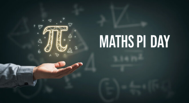 Math Pi Day: A creative rendering presents the mathematical symbol π in a radiant glow above the opened palm of a person with a background featuring formula, celebrating Maths Pi Day.