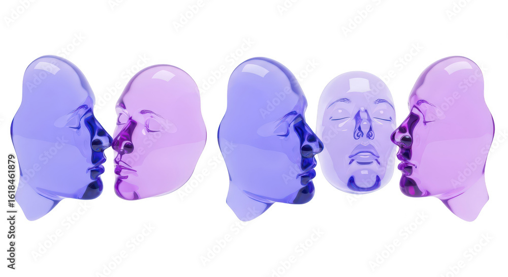 Poster translucent colored face sculptures interact positioned on a white surface with blurred indistinct r