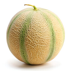 A whole cantaloupe melon with its characteristic netted rind, isolated on a plain white background, ready for slicing and enjoying