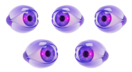 3D rendered purple robotic eyes floating on white representing surveillance and technology