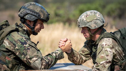 Fototapeta premium Two soldiers arm wrestling outdoors, showcasing strength and competition. The image captures a moment of intense focus and determination