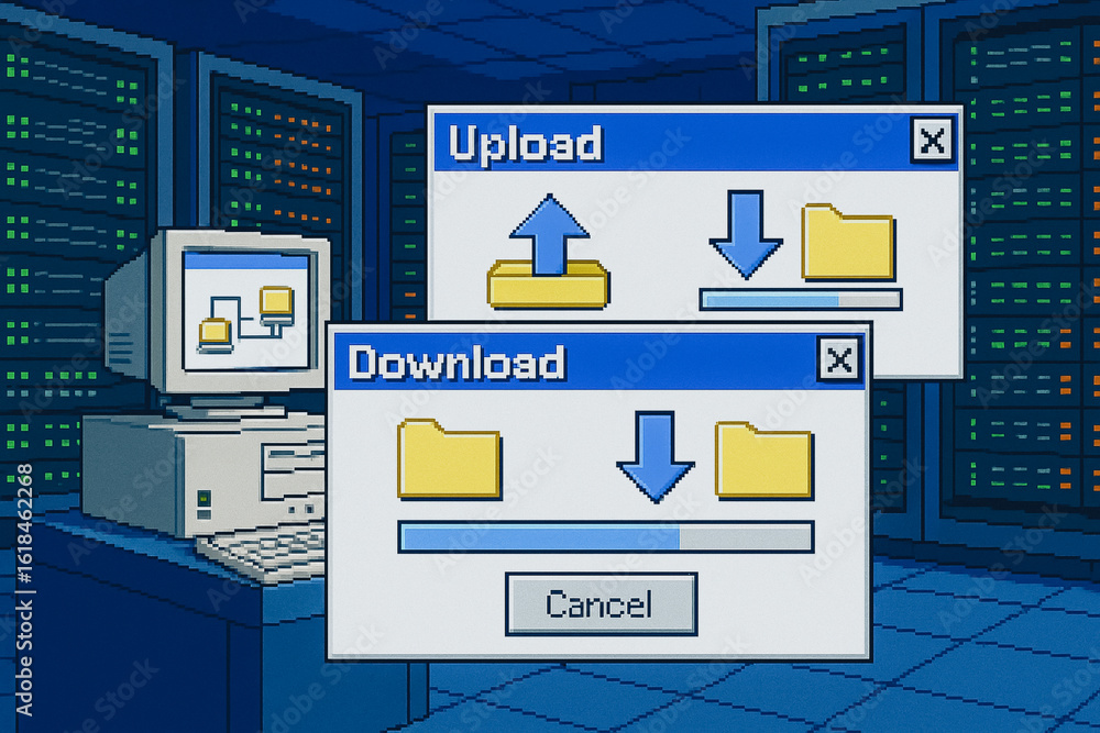 Aufkleber data transfer visuals: illustration of data upload and download processes in a modern digital enviro
