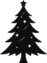 Black silhouette of a decorated christmas tree with a star on top isolated on white background