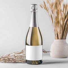 Champagne bottle product mockup with white label on rustic boho clean background.