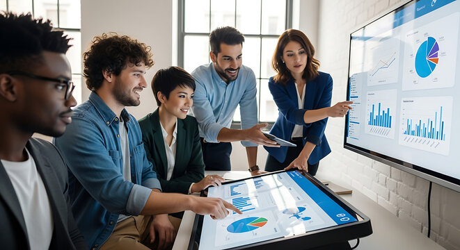 A diverse team of business professionals collaborates while analyzing data charts on interactive screens. - Powered by Adobe