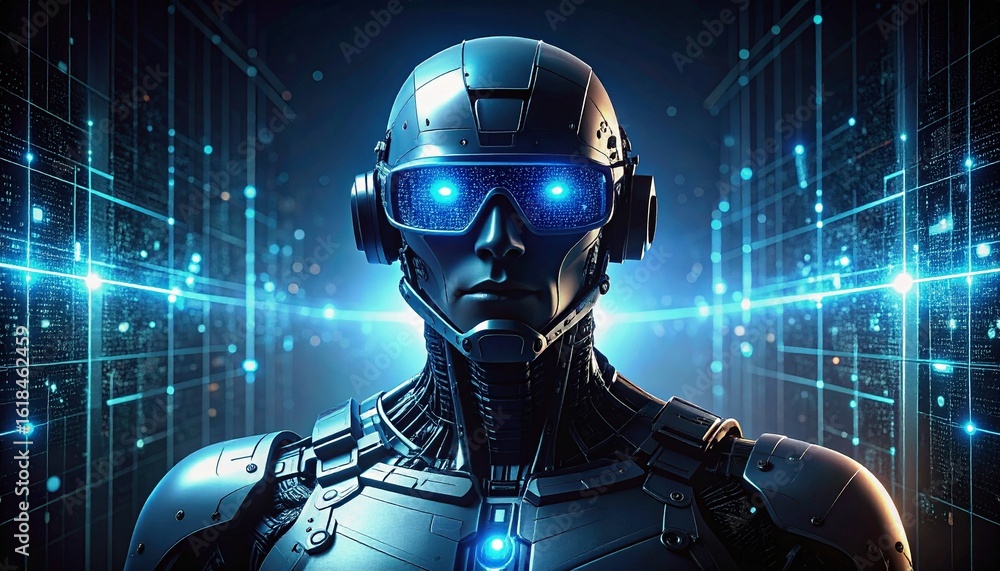 Aufkleber a futuristic cyborg with glowing eyes looks forward, against a backdrop of a digital interface. the 