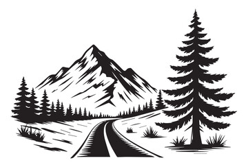monochrome mountain landscape vector with pine trees winding road design
