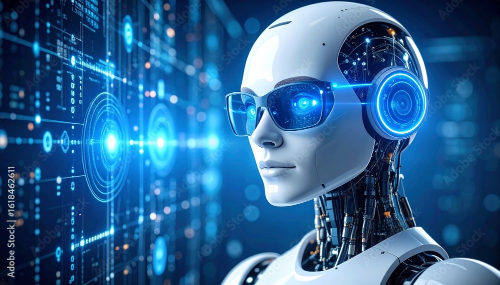 Poster a sophisticated robot with smart glasses, with circuits and data streaming in the background, embody