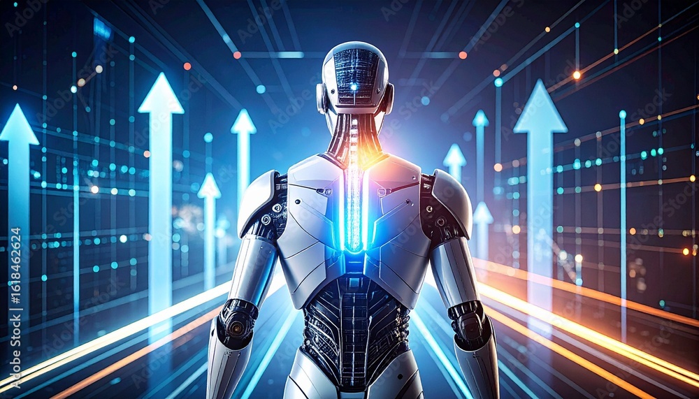 Poster a futuristic robot with a technological background with arrows, representing technological advanceme