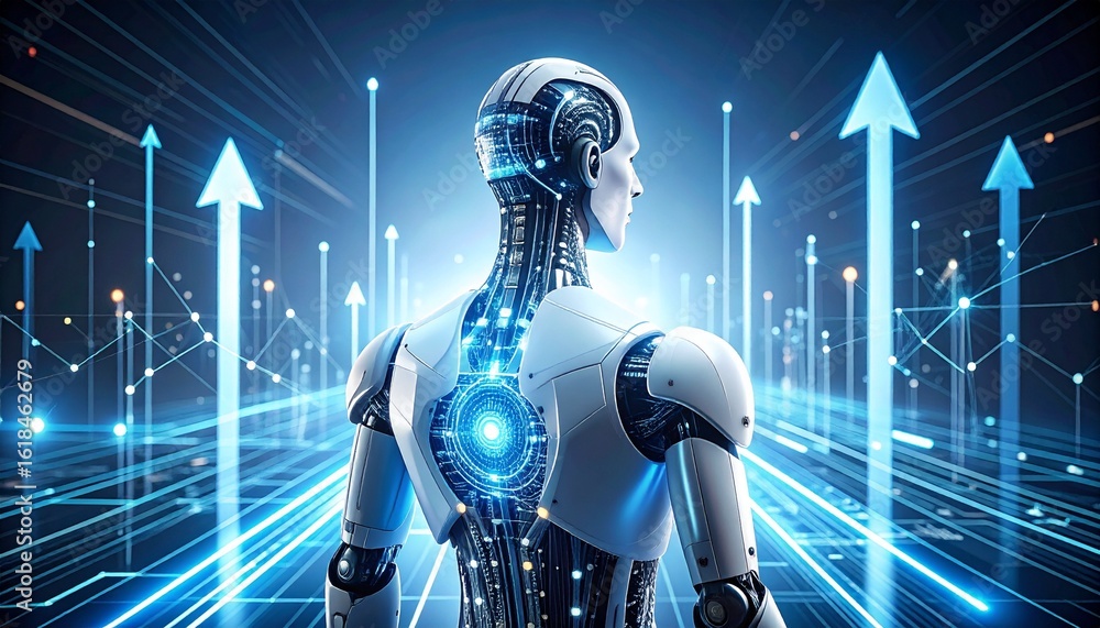 Poster a futuristic image of a robot with digital arrows background, symbolizing the progress of technology