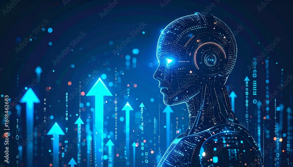Poster a futuristic robot with bright blue eyes, surrounded by data streams and upward arrows, symbolizing 
