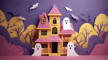 Colorful paper art illustration of a haunted house with ghosts and bats, evoking a spooky and playful Halloween theme.
