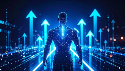 A futuristic humanoid with a digital spine standing tall with upwards arrows behind it