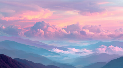 Fototapeta premium Surreal dawn over mountains, layered dreamy clouds, gradient pastels