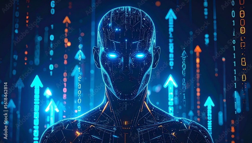 Poster cybernetic being with data stream background
