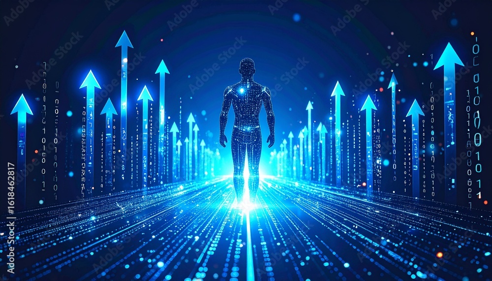 Poster a futuristic digital illustration of a human-like figure walking through an array of arrows in a neo