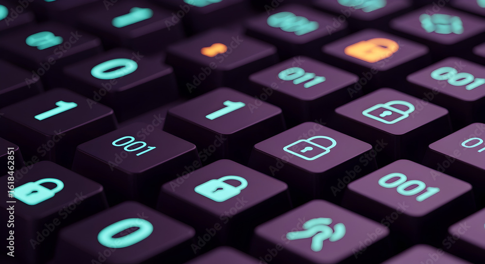Poster dark purple keyboard featuring glowing blue binary code and orange lock icons