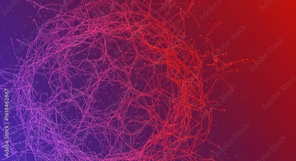 Poster abstract network of interconnected lines and dots forming a complex, spherical structure against a g