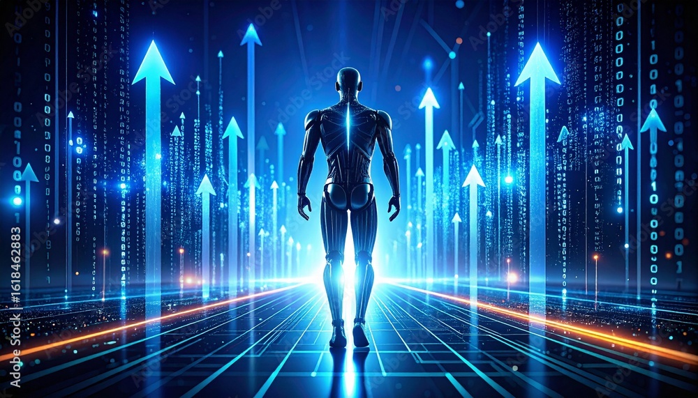 Poster futuristic robot standing in front of a digital arrows. a robotic figure, illuminated by a network o