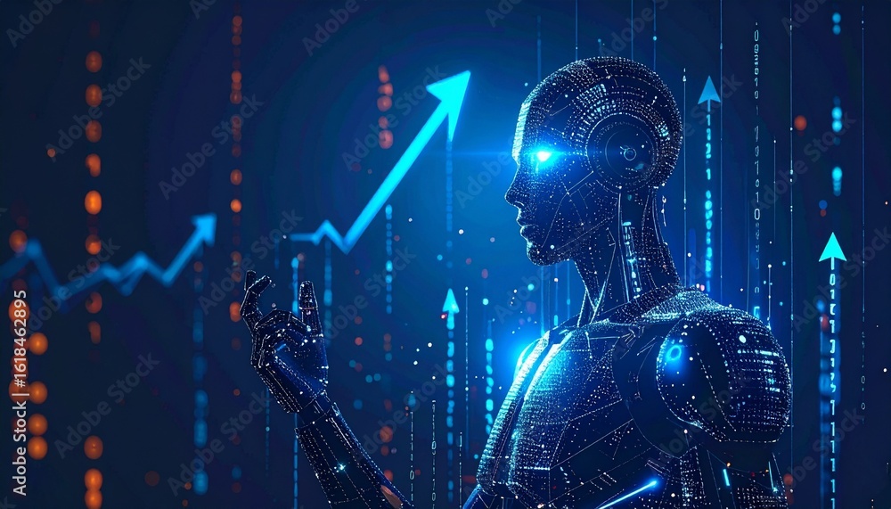 Poster futuristic ai with an upward trend graph in front