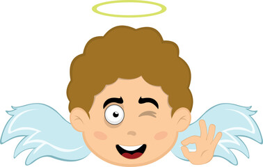 vector illustration face angel character cartoon, winking eye and with his hand making an ok or perfect gesture
