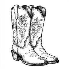 Vintage western cowboy boots with floral design. Wild West rodeo themed ink illustration.