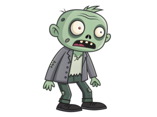 3d icon of a cartoon zombie character with green skin, bulging eyes, and tattered clothes, isolated on transparent background