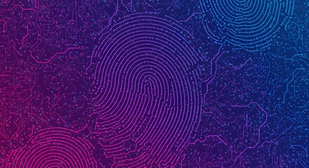 Abstract digital fingerprint pattern with circuit board lines, rendered in shades of blue, purple, and pink.
