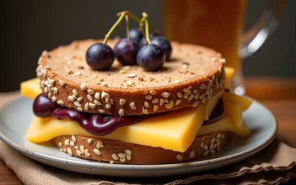 Rustic harmony of seeded rye, holey Swiss cheese, and dusky grapes, echoing Oktoberfest brunch or Swiss National Day picnic. High quality