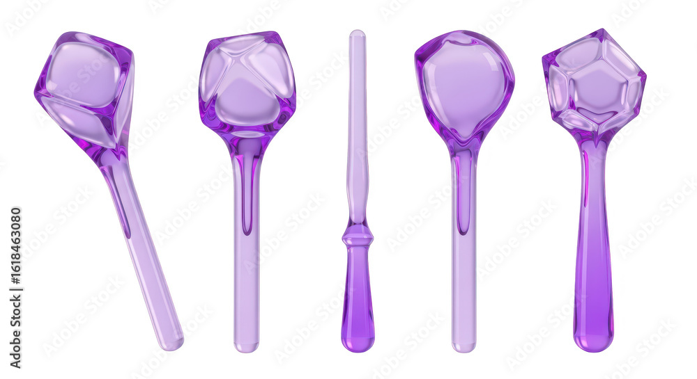 Poster purple spoons set isolated on white angled view showing unique designs and shapes perfect for culina