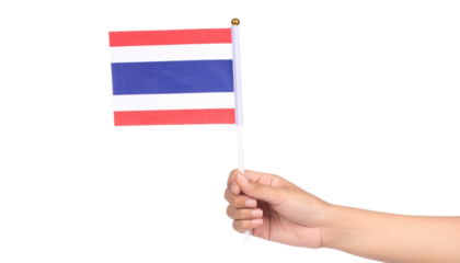 A hand holding the Thai flag, with vibrant colors and symbolic meaning