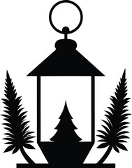 Rustic lantern with pine trees silhouette isolated on white background