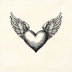 Vintage heart with angel wings, an ink drawing in engraved style. Symbolic romantic illustration.