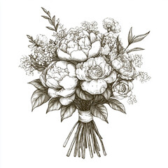 Bridal bouquet with ribbon, vintage floral sketch in ink style. Botanical wedding illustration.